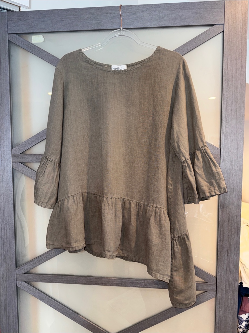 Relaxed Asymmetrical Linen Ruffle-Hem Tunic Top in Gray